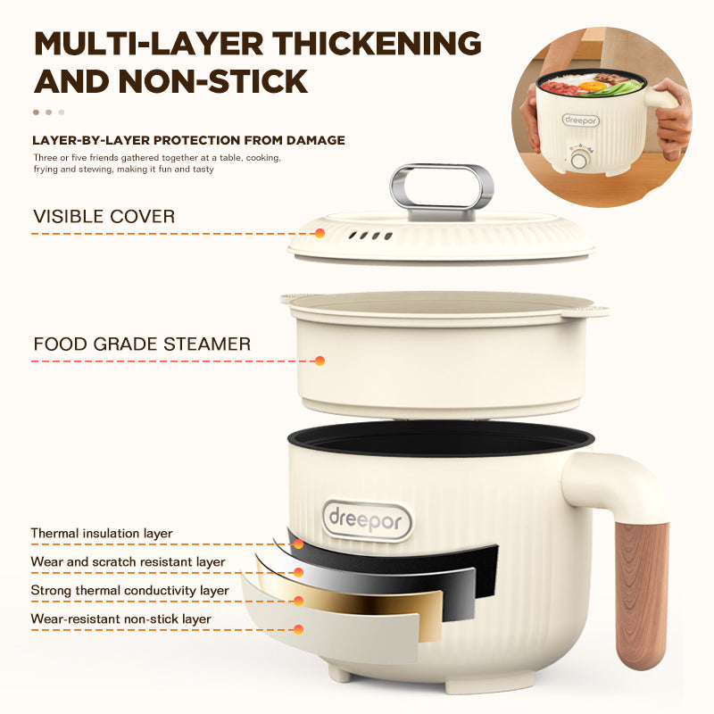 Dreepor Mini Rice Cooker: 3-Cup Multifunctional Pot with Steamer Basket