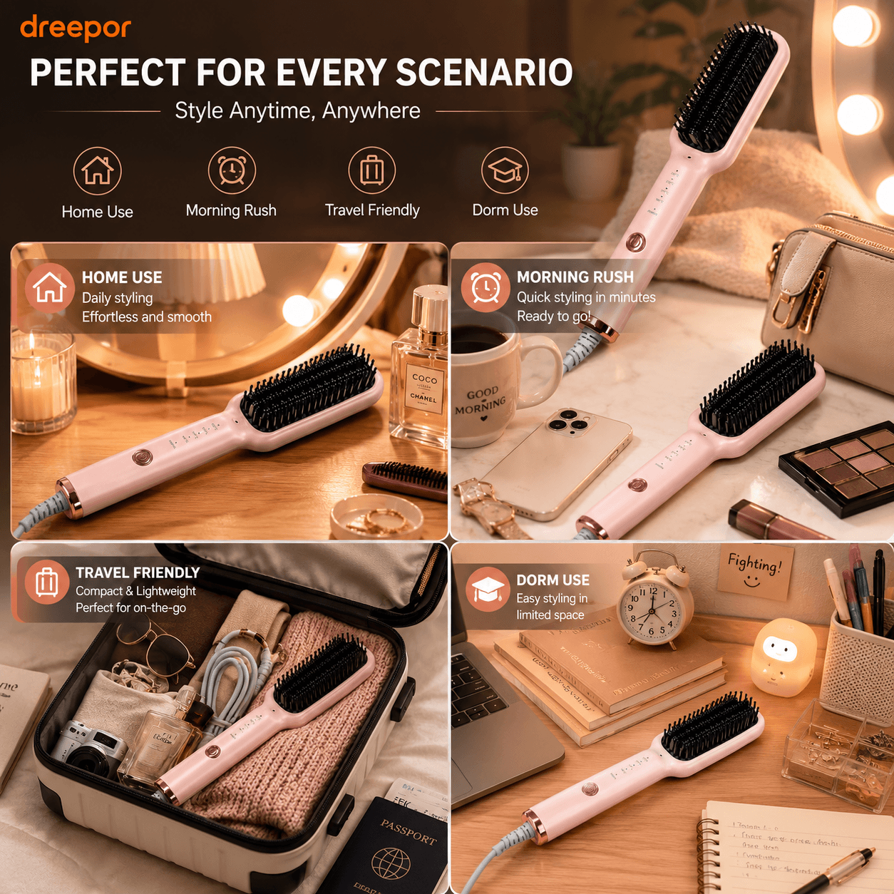 Dreepor Hair Straightening Brush | Ceramic Straightener for Smooth, Shiny Hair