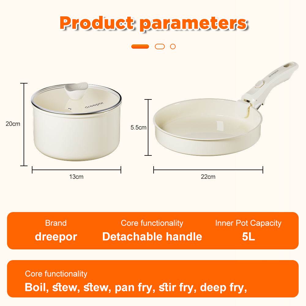 Dreepor Detachable Handle Cooking Pot Set – Non-Stick Soup Pot & Frying Pan