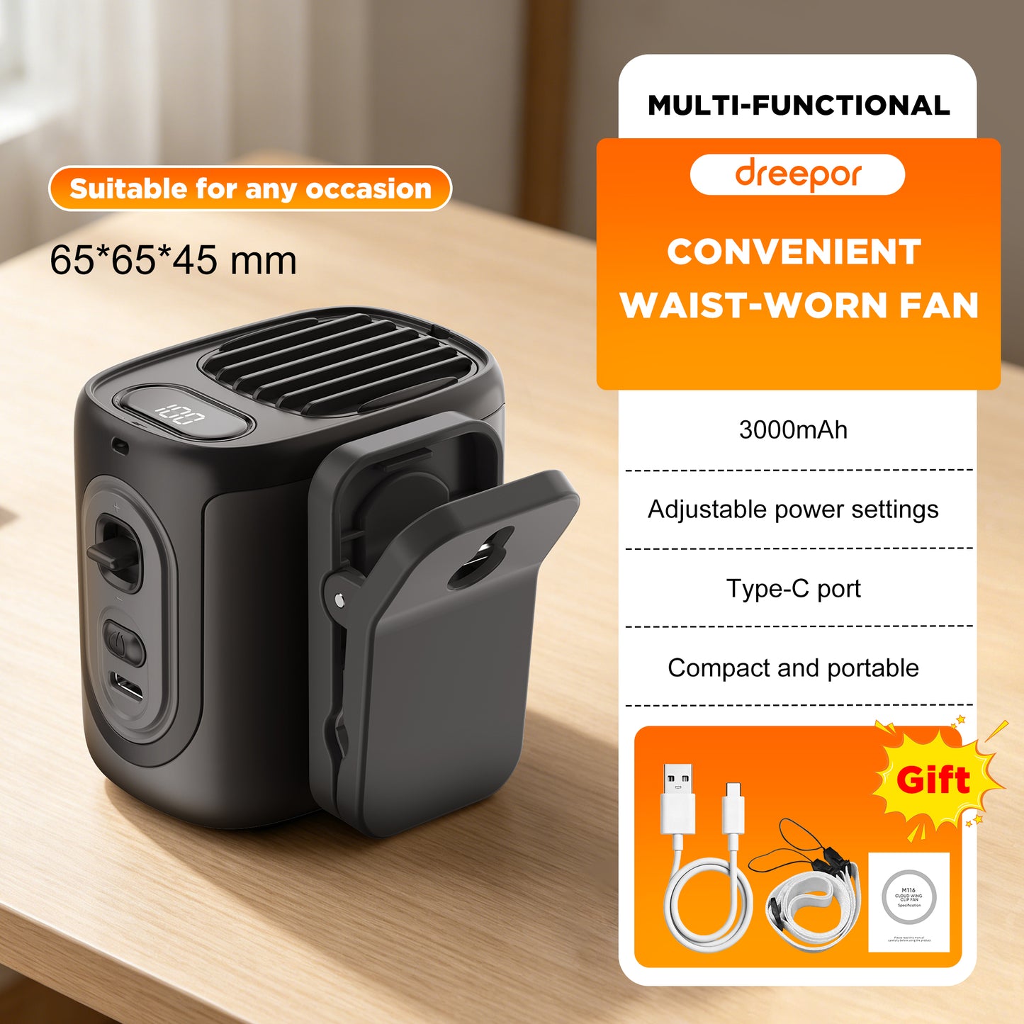 Dreepor Wearable Waist Fan – Hands-Free, 5-Speed Cooling