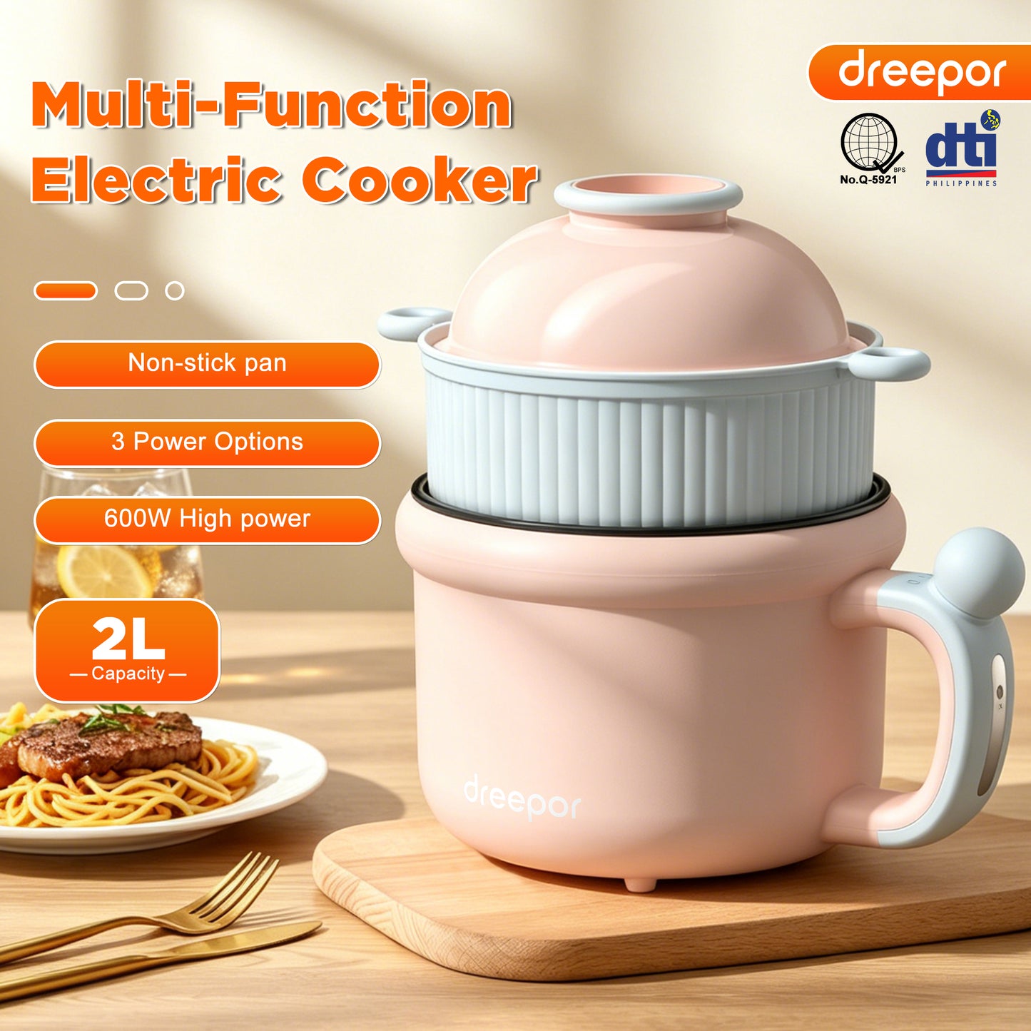 Dreepor Multi-Function Electric Cooker 1.5L | Portable Hot Pot for Noodles, Soup & Daily Meals