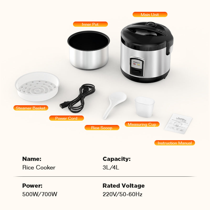 Dreepor Large Capacity Rice Cooker - 3L / 4L Pot with Food Steamer