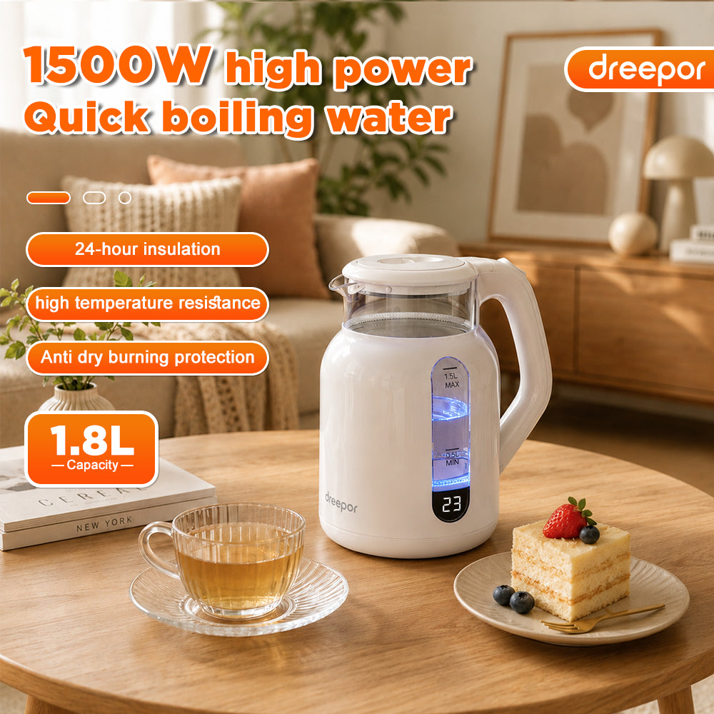 Dreepor 1.8L Electric Glass Kettle | Fast Boil Water Heater with Auto Shut-Off