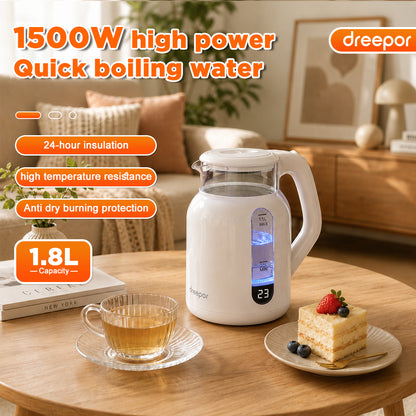 Dreepor 1.8L Electric Glass Kettle | Fast Boil Water Heater with Auto Shut-Off