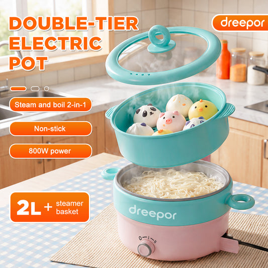 Dreepor 2L Electric Cooking Pot 800W – 2-in-1 Steamer & Hot Pot