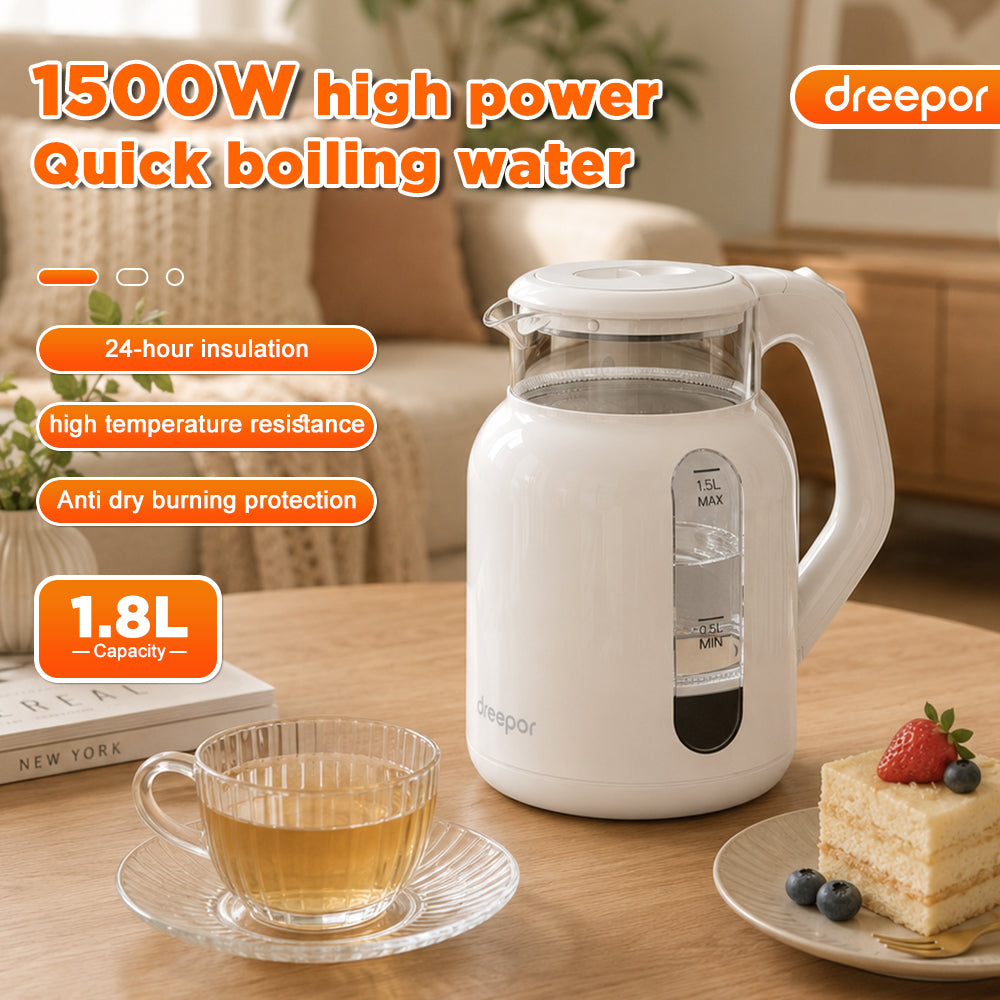 Dreepor 1.8L Electric Glass Kettle | Fast Boil Water Heater with Auto Shut-Off
