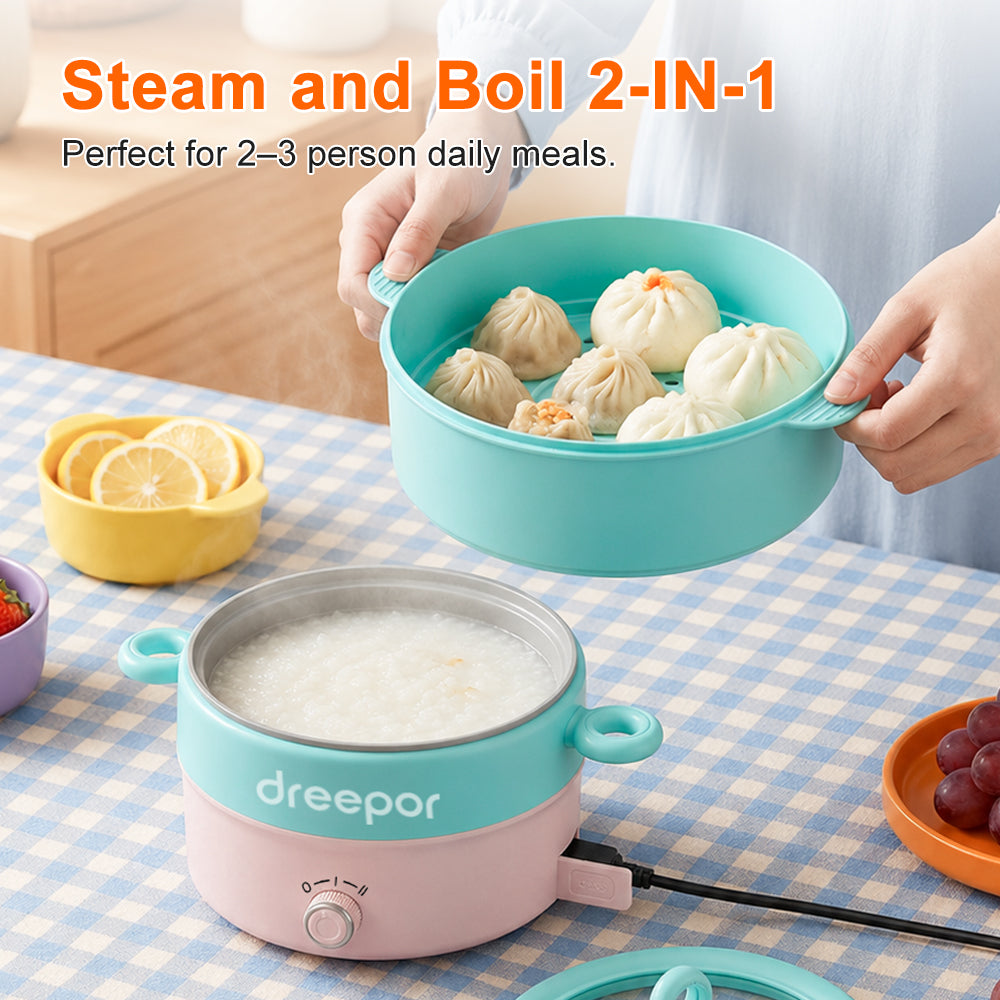 Dreepor 2L Electric Cooking Pot 800W – 2-in-1 Steamer & Hot Pot