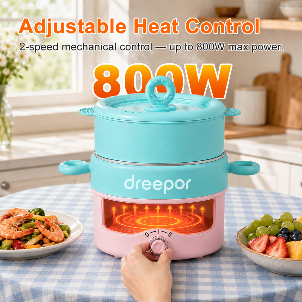 Dreepor 2L Electric Cooking Pot 800W – 2-in-1 Steamer & Hot Pot