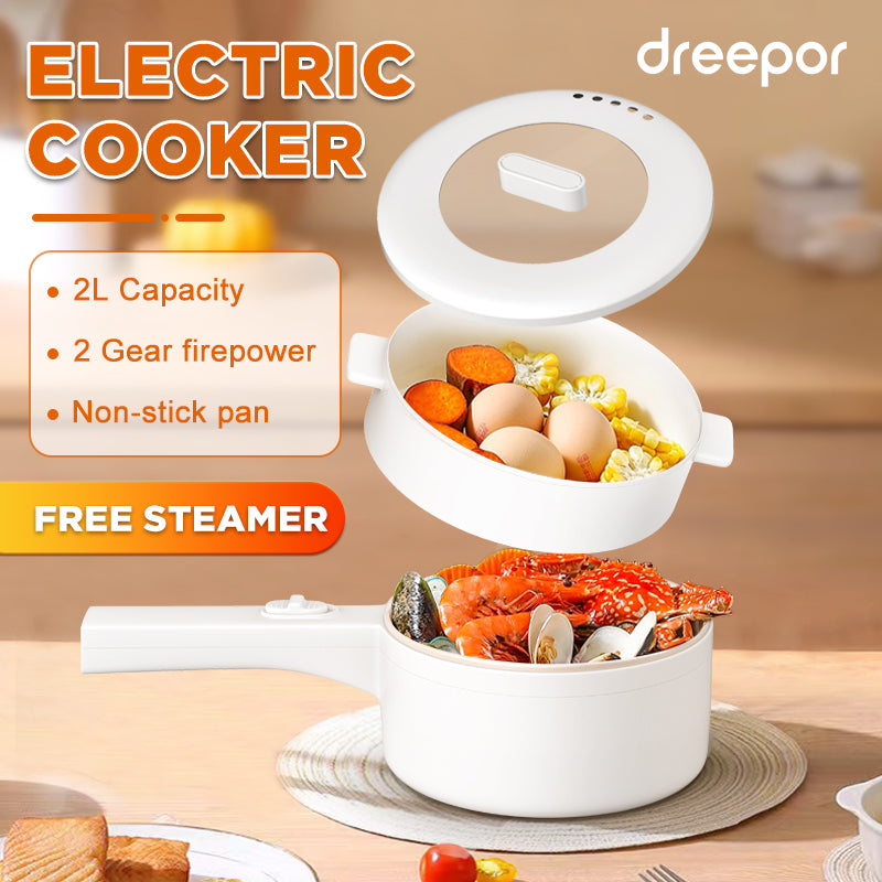 Dreepor Multi-Function electric Cooking Pot 2L – Non-Stick Pot for Rice, Noodles & Soup