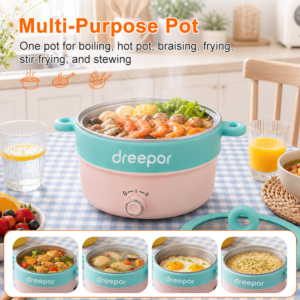 Dreepor 2L Electric Cooking Pot 800W – 2-in-1 Steamer & Hot Pot