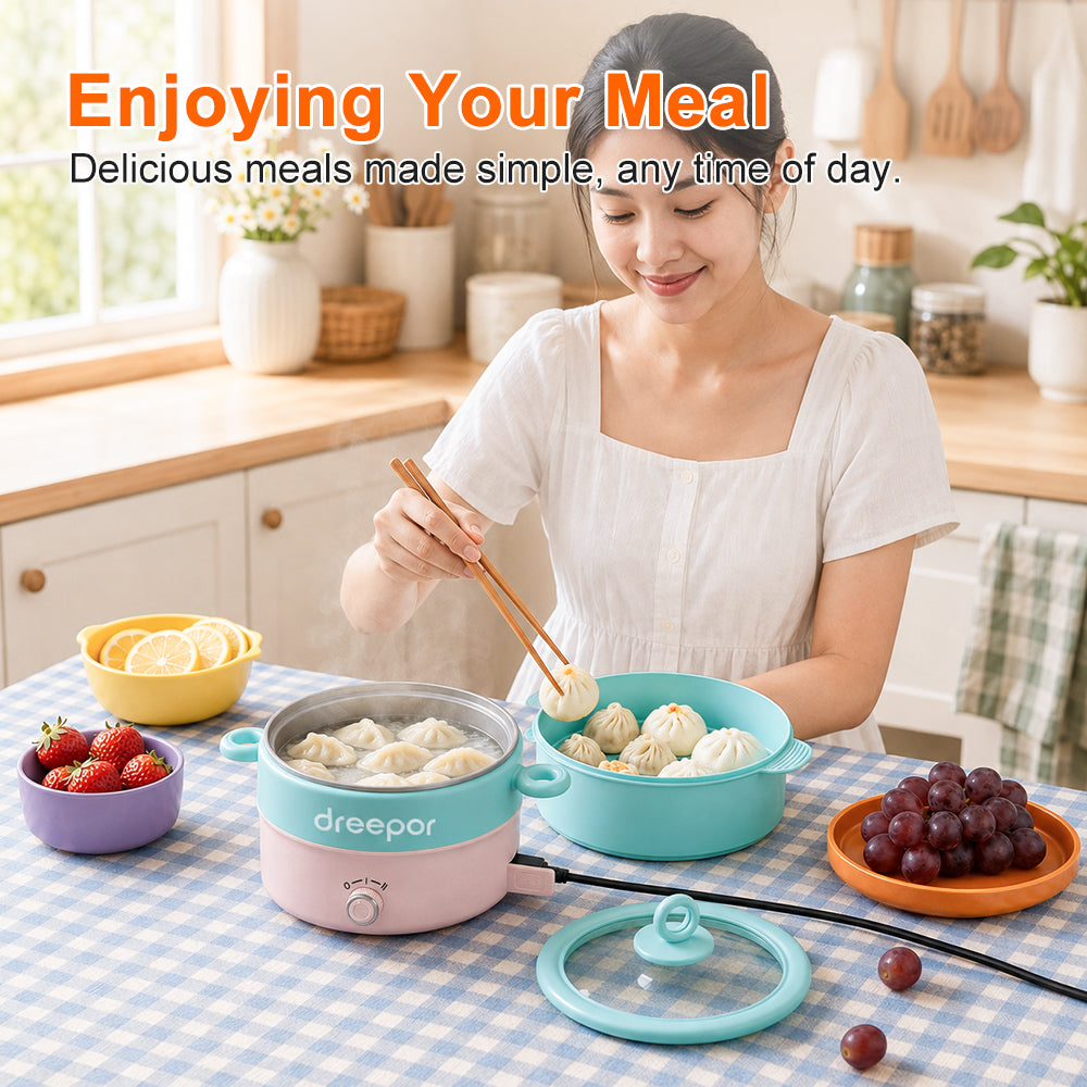 Dreepor 2L Electric Cooking Pot 800W – 2-in-1 Steamer & Hot Pot
