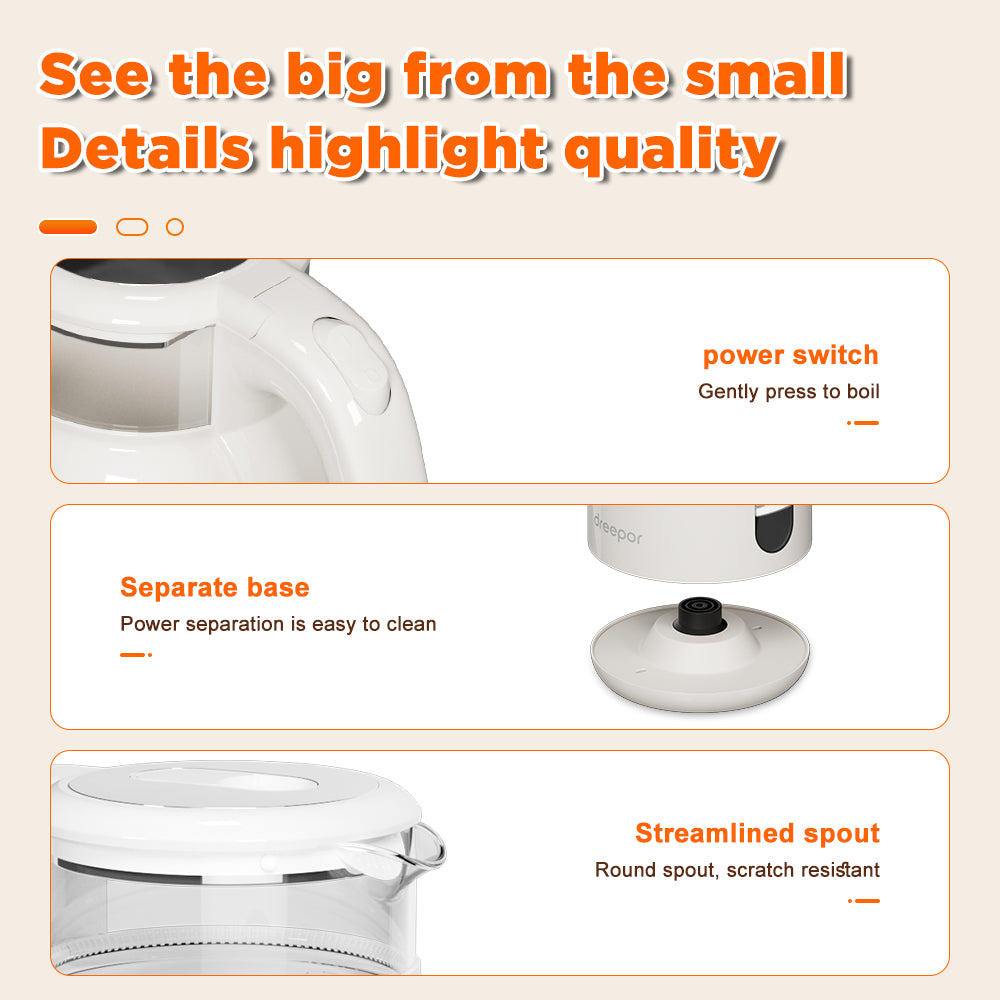 Dreepor 1.8L Electric Glass Kettle | Fast Boil Water Heater with Auto Shut-Off
