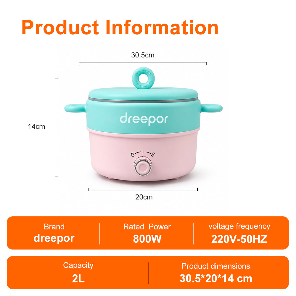 Dreepor 2L Electric Cooking Pot 800W – 2-in-1 Steamer & Hot Pot