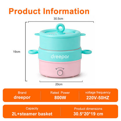 Dreepor 2L Electric Cooking Pot 800W – 2-in-1 Steamer & Hot Pot